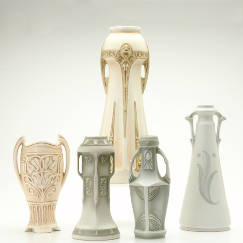 Appraisal: AUSTRIAN Five Art Nouveau two-handled vases by Royal Wettina Marmorzelan