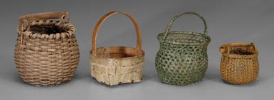 Appraisal: Four miniature baskets one square-to-round oak split with looped handle