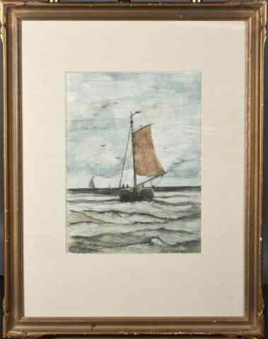 Appraisal: Attrb Hendrik-Willeim Mesdag Watercolor PaintingDepicting a sailed fishing boat on