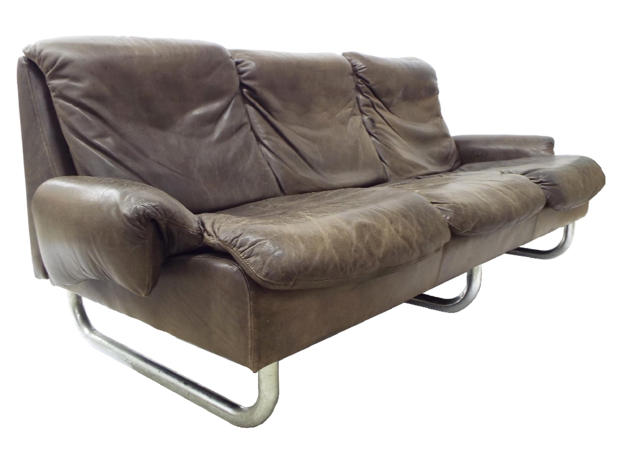 Appraisal: s hide leather and tubular chrome three seater sofa in