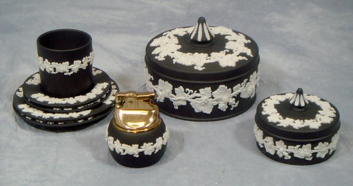 Appraisal: pcs black jasper Wedgwood porcelain covered boxes cigarette holder ashtrays