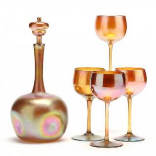 Appraisal: L C Tiffany Favrile Decanter and Four Glasses circa gold