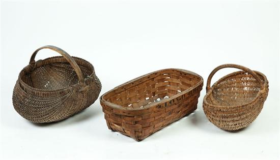 Appraisal: THREE BASKETS American early th century woven splint One marked