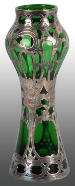 Appraisal: Green Art Glass Vase with Silver Overlay Description No cracks