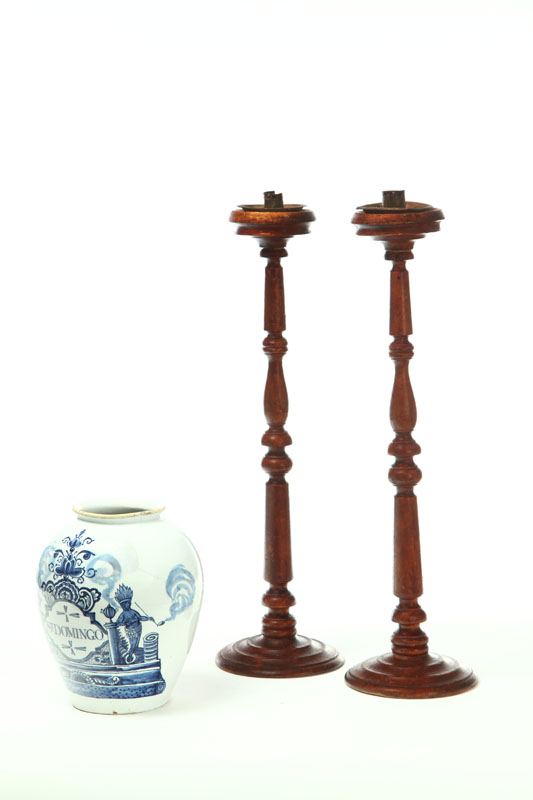 Appraisal: PAIR OF CANDLESTICKS AND A DELFT TOBACCO JAR England early