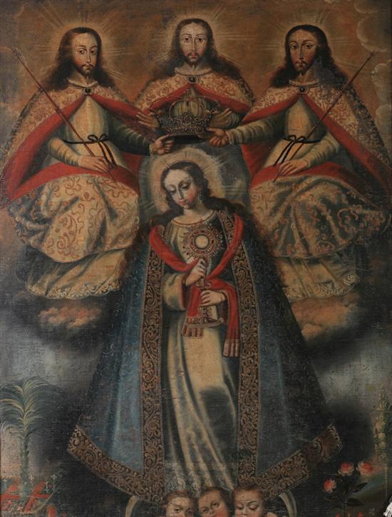 Appraisal: CUZCO SCHOOL th century CORONATION OF THE VIRGIN oil on