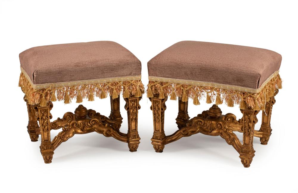 Appraisal: Pair of Regence-Style Carved Giltwood Stools tapered legs with bellflower