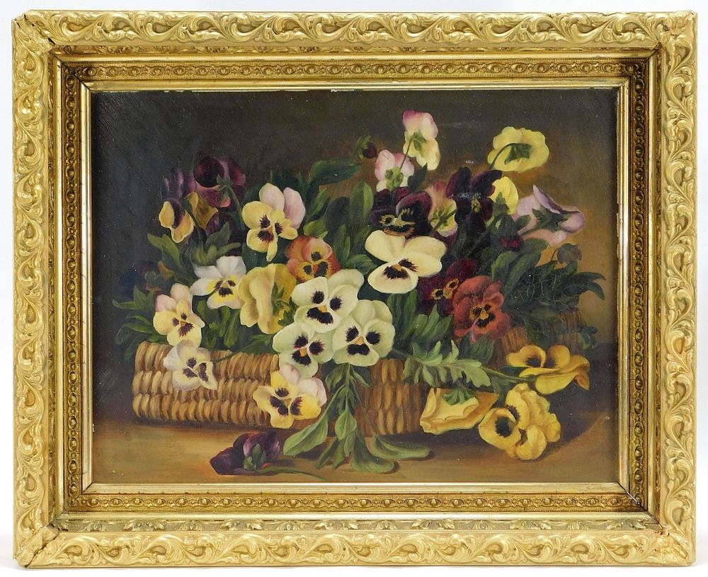 Appraisal: Antique Victorian Pansy Flower Basket Painting United States Late th-