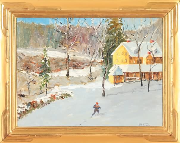 Appraisal: Winter scene with yellow house and figure oil on canvas