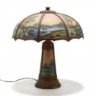 Appraisal: Reverse Painted Table Lamp early th century bronze tone metal