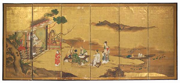 Appraisal: Kano School Chinese Scholars th Century Large six panel screen