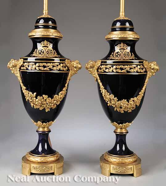 Appraisal: A Pair of S vres-Style Cobalt Porcelain and Ormolu-Mounted Lidded