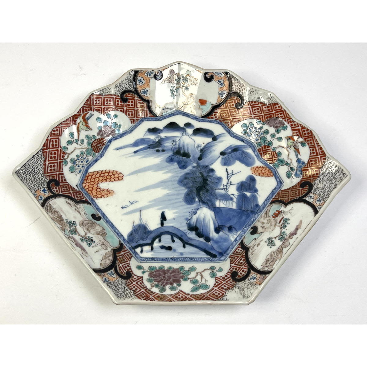 Appraisal: Fan Shaped Imari Paint Decorated Bowl Interior Painted with Landscape