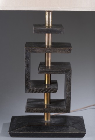 Appraisal: Geometric Painted Oak Lamp Cube form mounted on brass rod