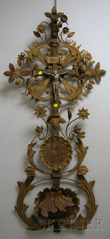 Appraisal: Spanish Painted Wrought Iron Crucifix lg in