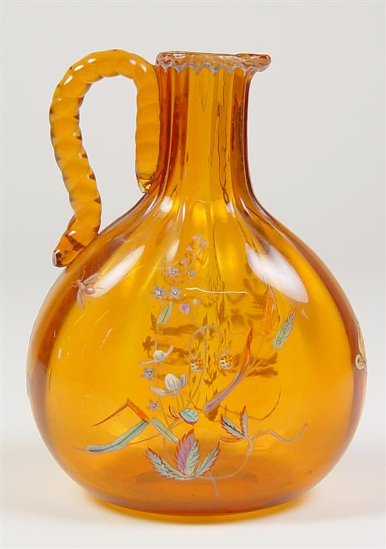 Appraisal: Enameled Galle a Nancy Pitcher Circa Blown glass amber pitcher