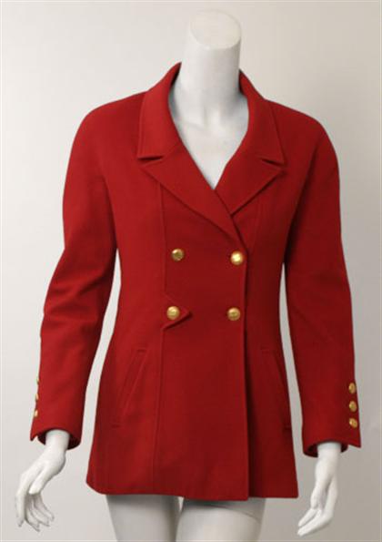 Appraisal: Chanel red cashmere blazer s Double-breasted with peaked lapels gold