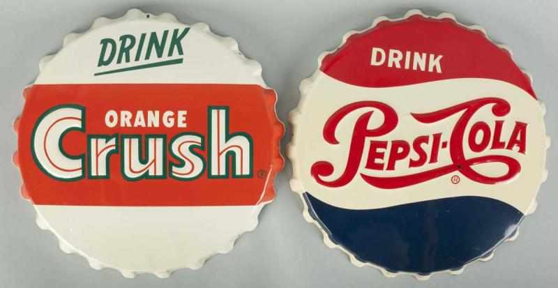 Appraisal: Pepsi-Cola Orange Crush Bottle Cap Signs Description s Embossed tin