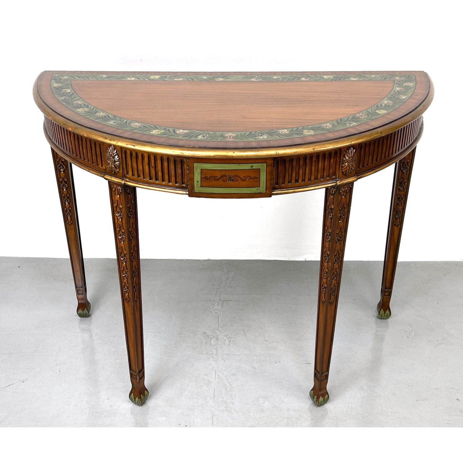 Appraisal: MAITLAND SMITH Paint Decorated Demi Lune Hall Table Carved legs