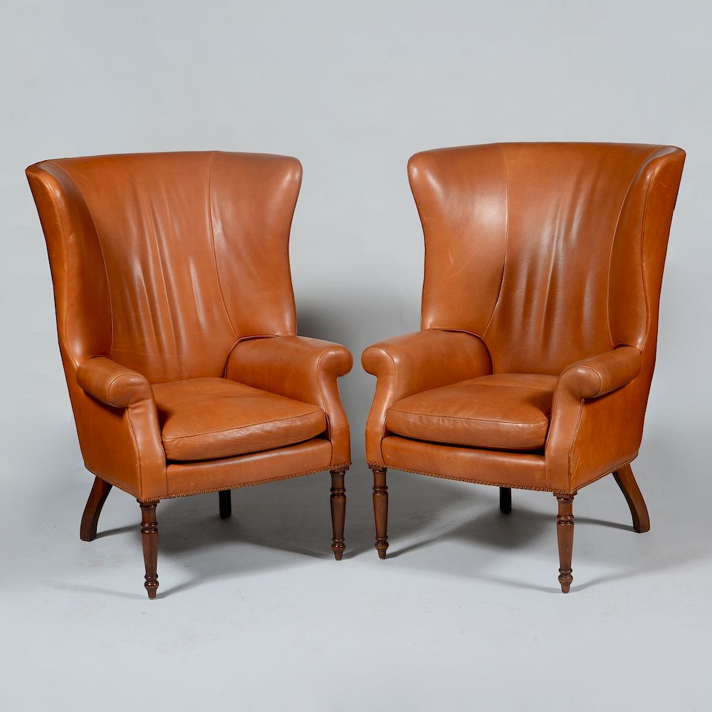 Appraisal: Pair of Leather Upholstered Armchairs x x in Condition There