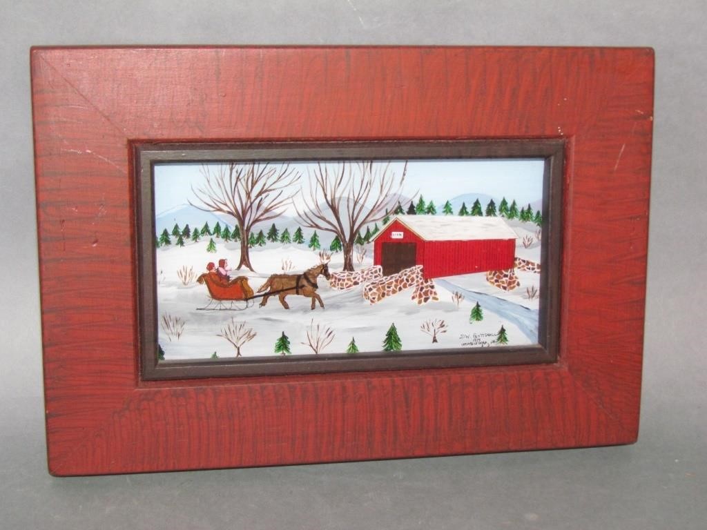 Appraisal: winter scene with covered bridge and sleigh x no damage