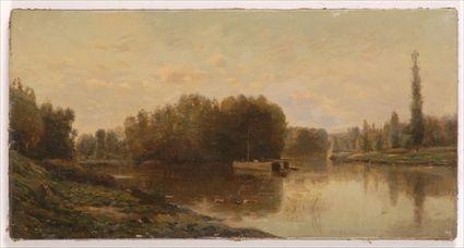 Appraisal: ATTRIBUTED TO DAUBIGNY LES BORDS DE L'OISE Oil on canvas