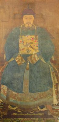 Appraisal: A large Chinese ancestor painting mounted on canvas depicting a