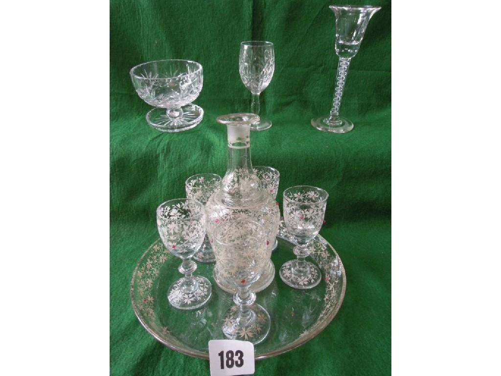 Appraisal: A glass decanter tray five liqueur glasses all with floral