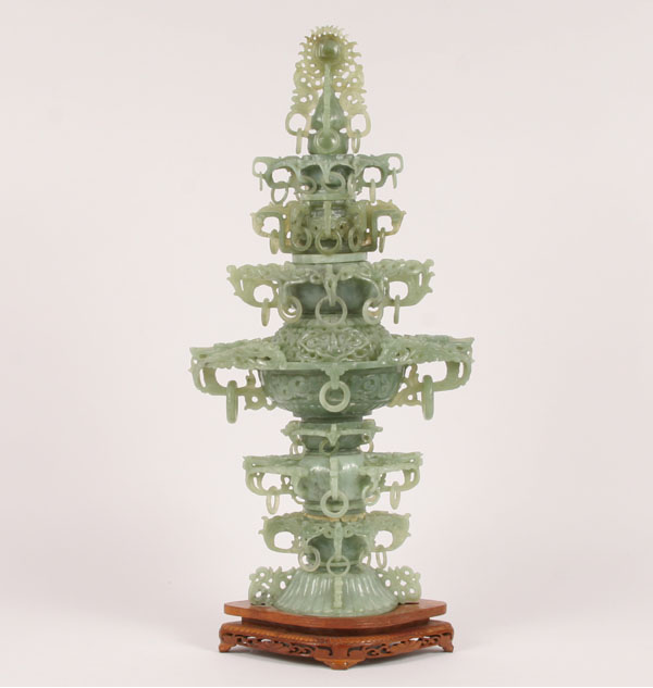 Appraisal: Carved jade green stone tower vessel with rings sections Overall