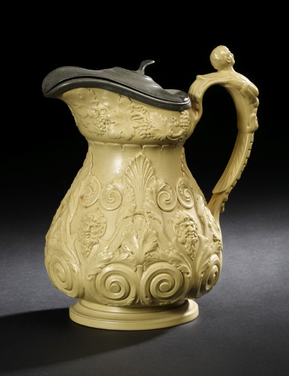 Appraisal: Good Large Pewter-Mounted William Ridgeway Beige Salt-Glazed Stoneware Pitcher -