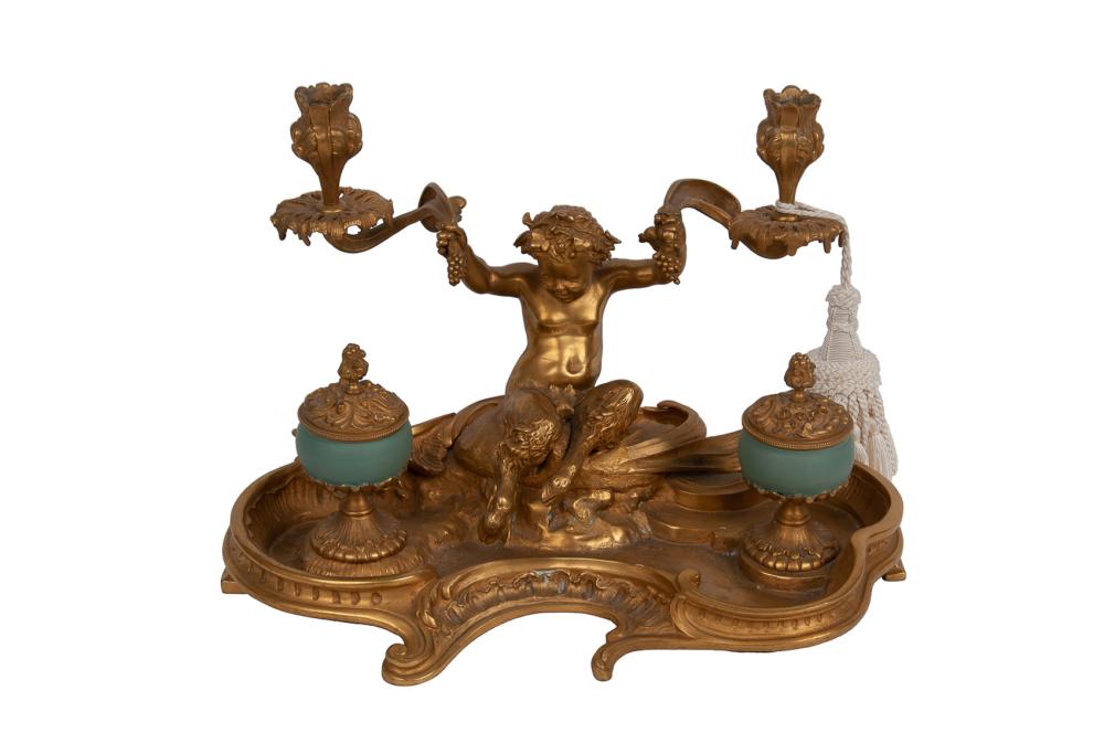 Appraisal: FRENCH GILT BRONZE FIGURAL DOUBLE INK STANDthe central satyr figure