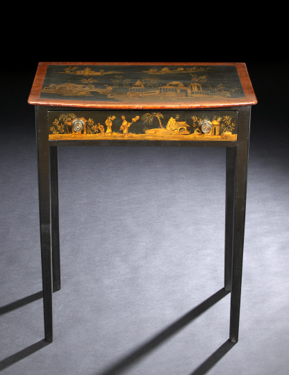 Appraisal: Georgian-Style Ebonized and Polychromed Side Table the bowed top with