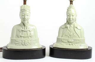 Appraisal: Pair of Chinoiserie Porcelain Figural Lamps Mid-Century celadon glaze mounted