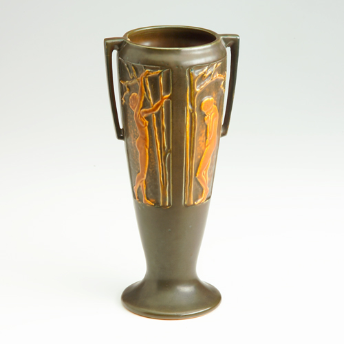 Appraisal: ROSEVILLE Brown Panel flaring two-handled vase One reglued handle RV