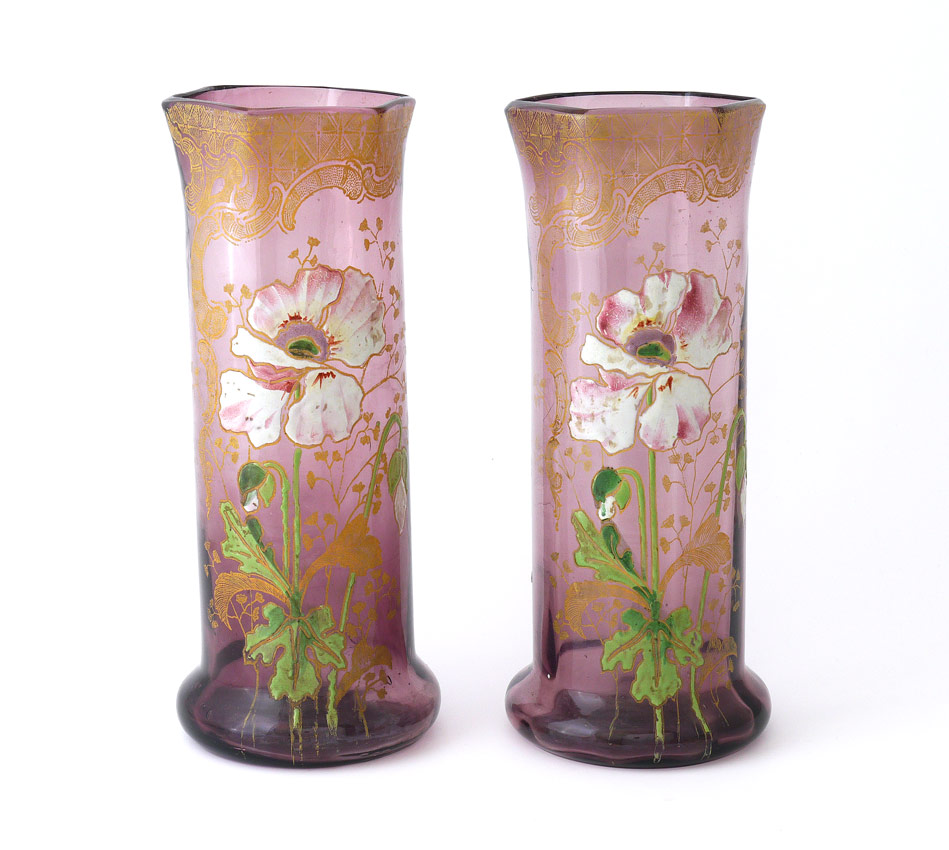 Appraisal: PAIR FRENCH MONT JOYE ENAMELED ART GLASS VASES Enamel and