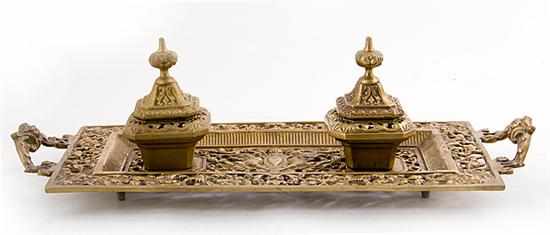 Appraisal: Renaissance style gilt-metal inkstand early th century reticulated footed stand