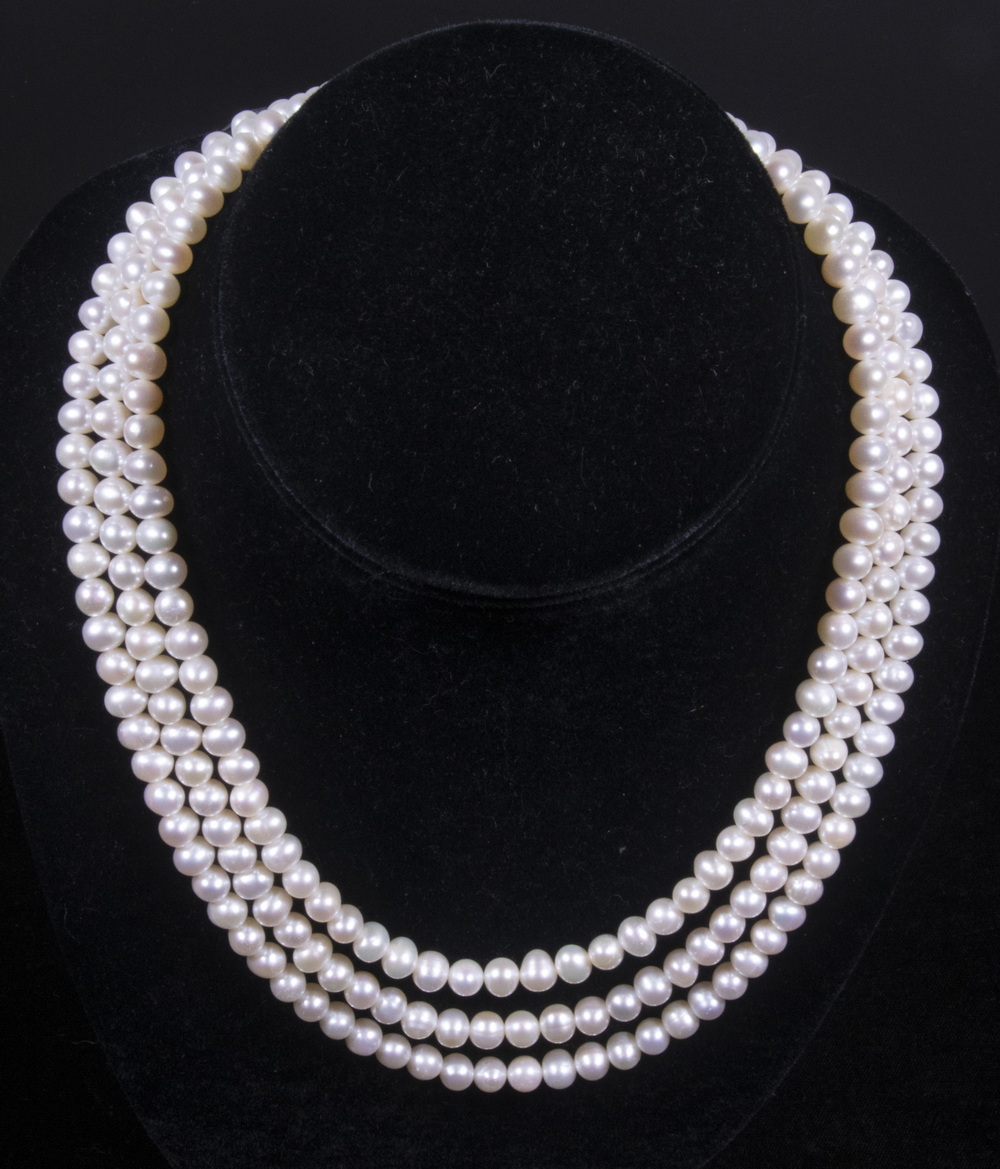 Appraisal: PEARL NECKLACE WITH K GOLD CLASP Triple Strand of mm