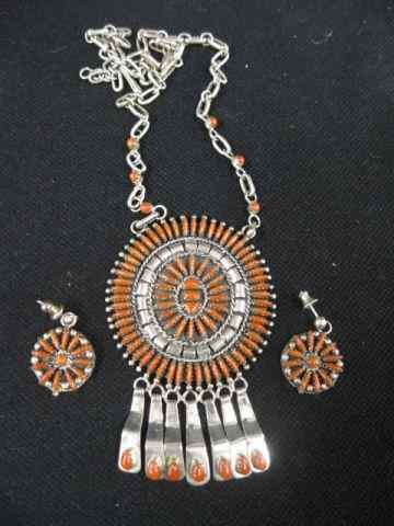 Appraisal: Zuni Pettipoint Coral Necklace Earrings disc style '' pendant ''