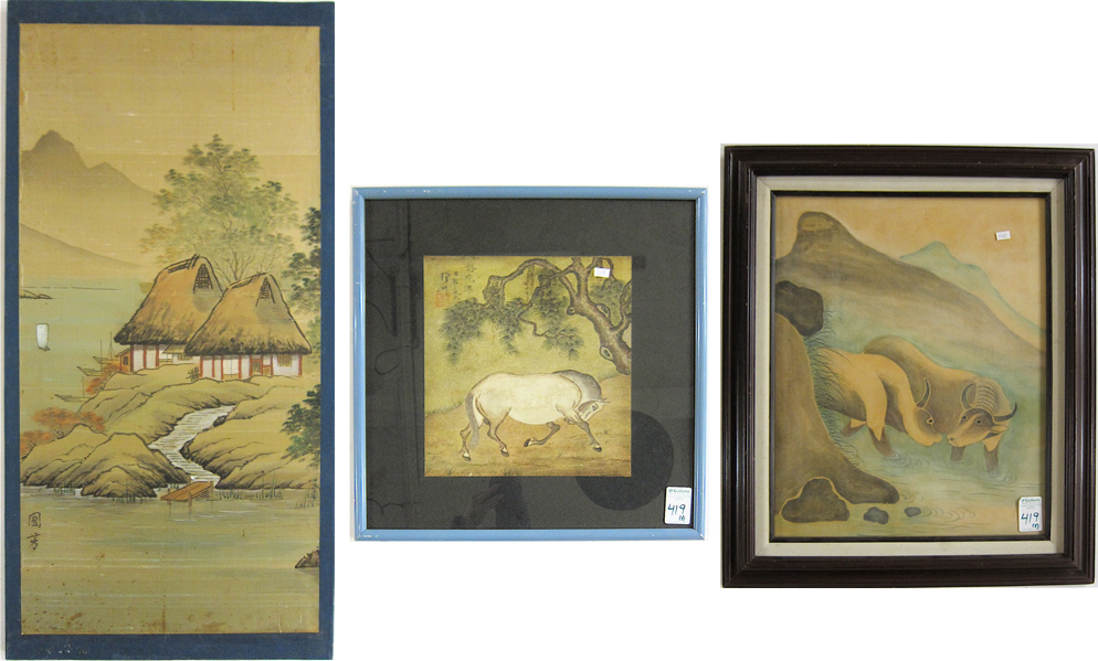 Appraisal: THREE ORIENTAL WORKS ON PAPER AND SILK of various subjects