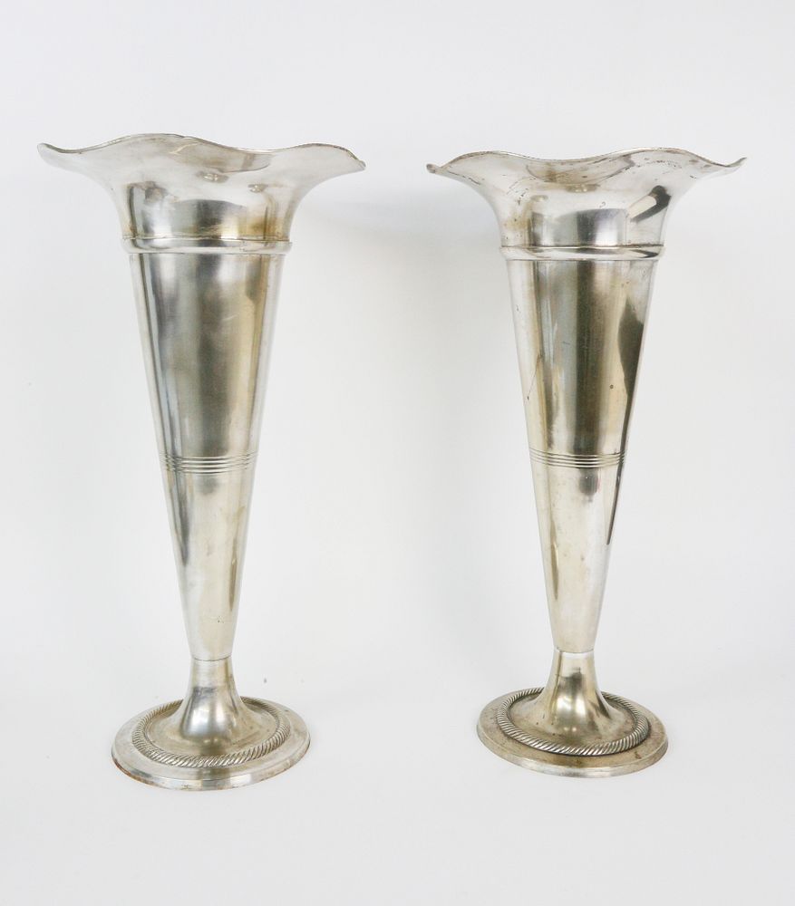 Appraisal: Pair of Polished Pewter Floral Trumpet Vases Pair of Polished