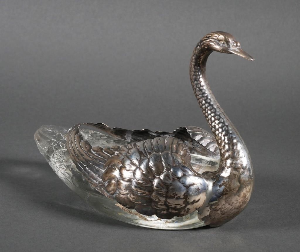 Appraisal: Antique sterling silver swan with a glass dish insert Swan