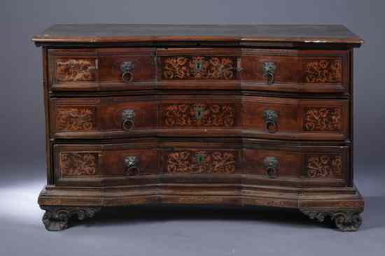 Appraisal: ITALIAN ROCOCO WALNUT AND MARQUETRY COMMODE th century Molded edge