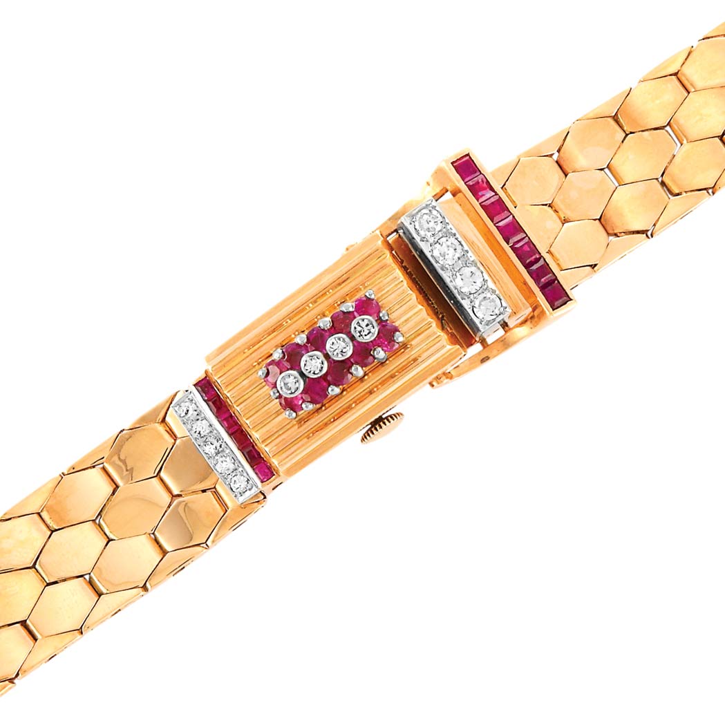 Appraisal: Lady's Rose Gold Ruby and Diamond Bracelet-Watch Quartz diamonds ap