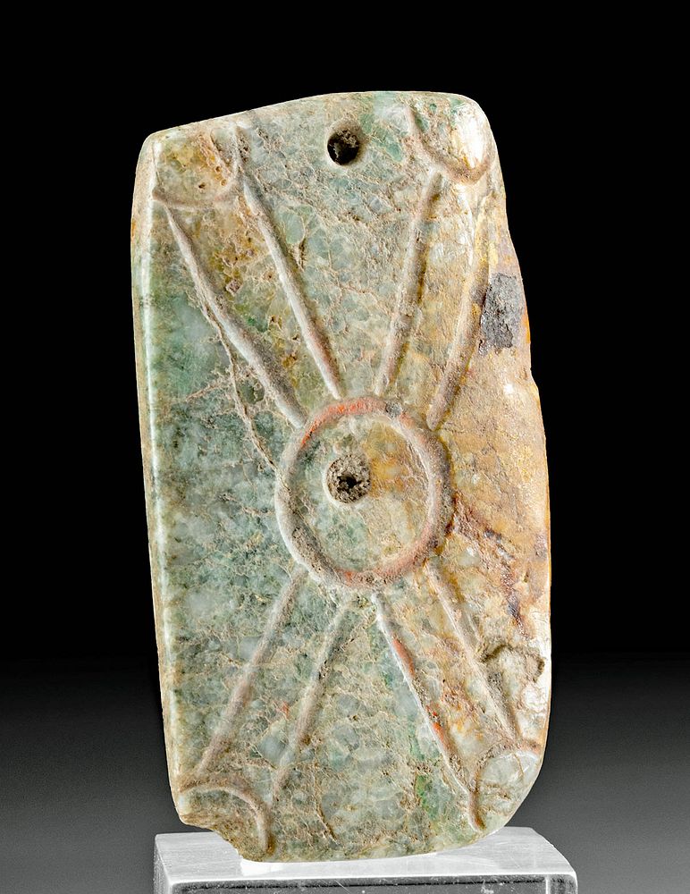 Appraisal: Stunning Olmec Incised Jade Pendant Pre-Columbian Southern Mexico to Guatemala