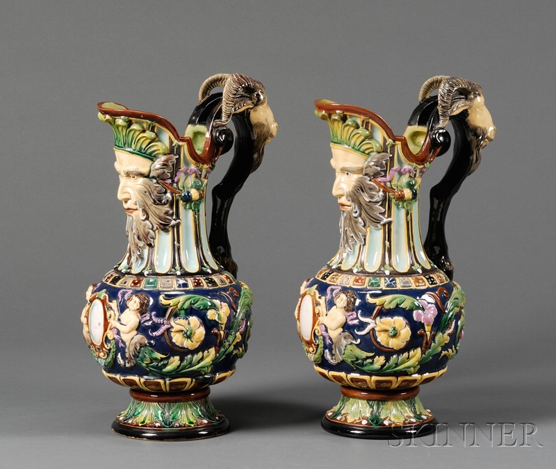 Appraisal: Pair of W Schiller and Sons Majolica Ewers Germany late