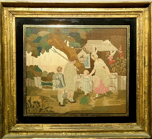 Appraisal: - English silkwork of a family outside a cottage garden