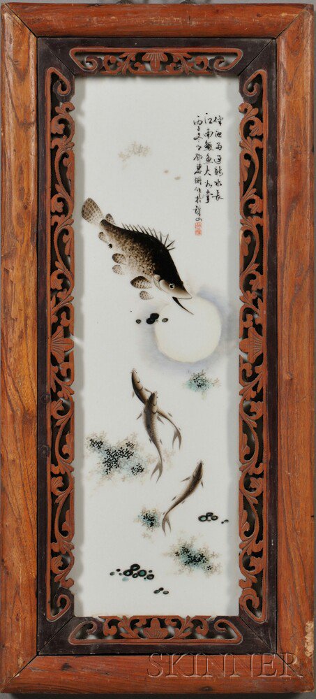 Appraisal: Framed Porcelain Plaque China th century rectangular depicting fish swimming