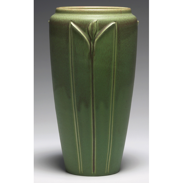 Appraisal: Exceptional Rookwood vase large tapered shape with carved vertical leaves