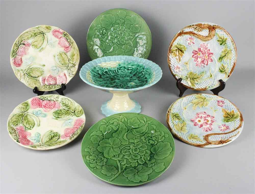 Appraisal: SEVEN MAJOLICA PIECES including a turquoise ground footed compote the