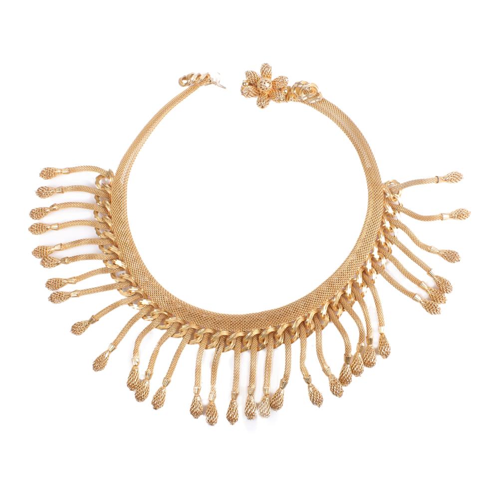 Appraisal: Vintage gold tone woven mesh fringe collar statement necklace Dimensions